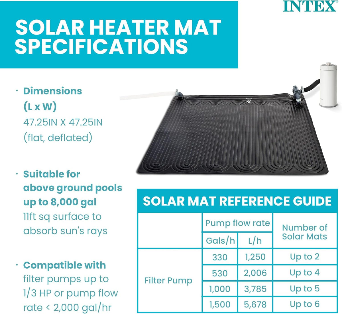 47"x47" Solar Pool Water Heater Mat for 8,000 Gallon Above Ground Swimming Pool with Hose Attachment 2 Adaptors and