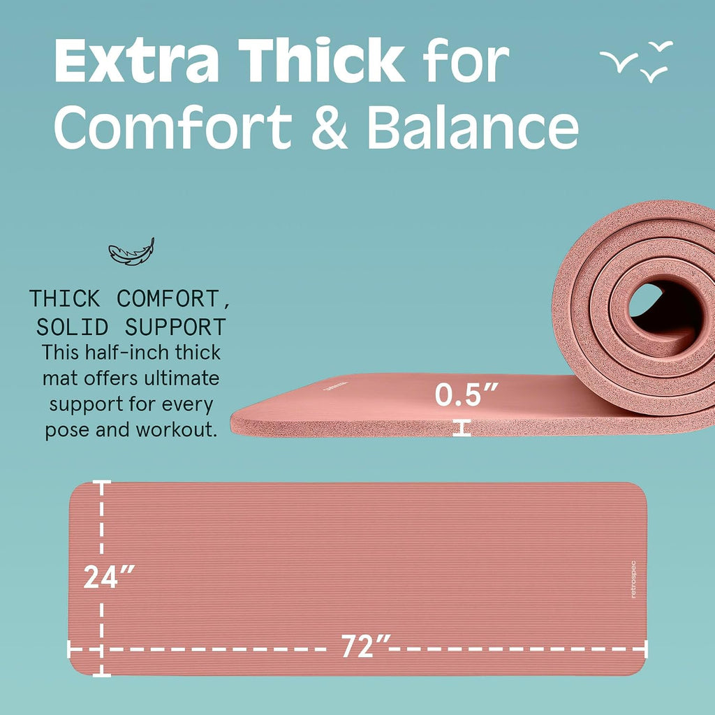 Solana Yoga Mat Thick 1/2in Non-Slip Workout Mat with Nylon Strap - 72x24in Exercise Mat for Pilates, Stretching &