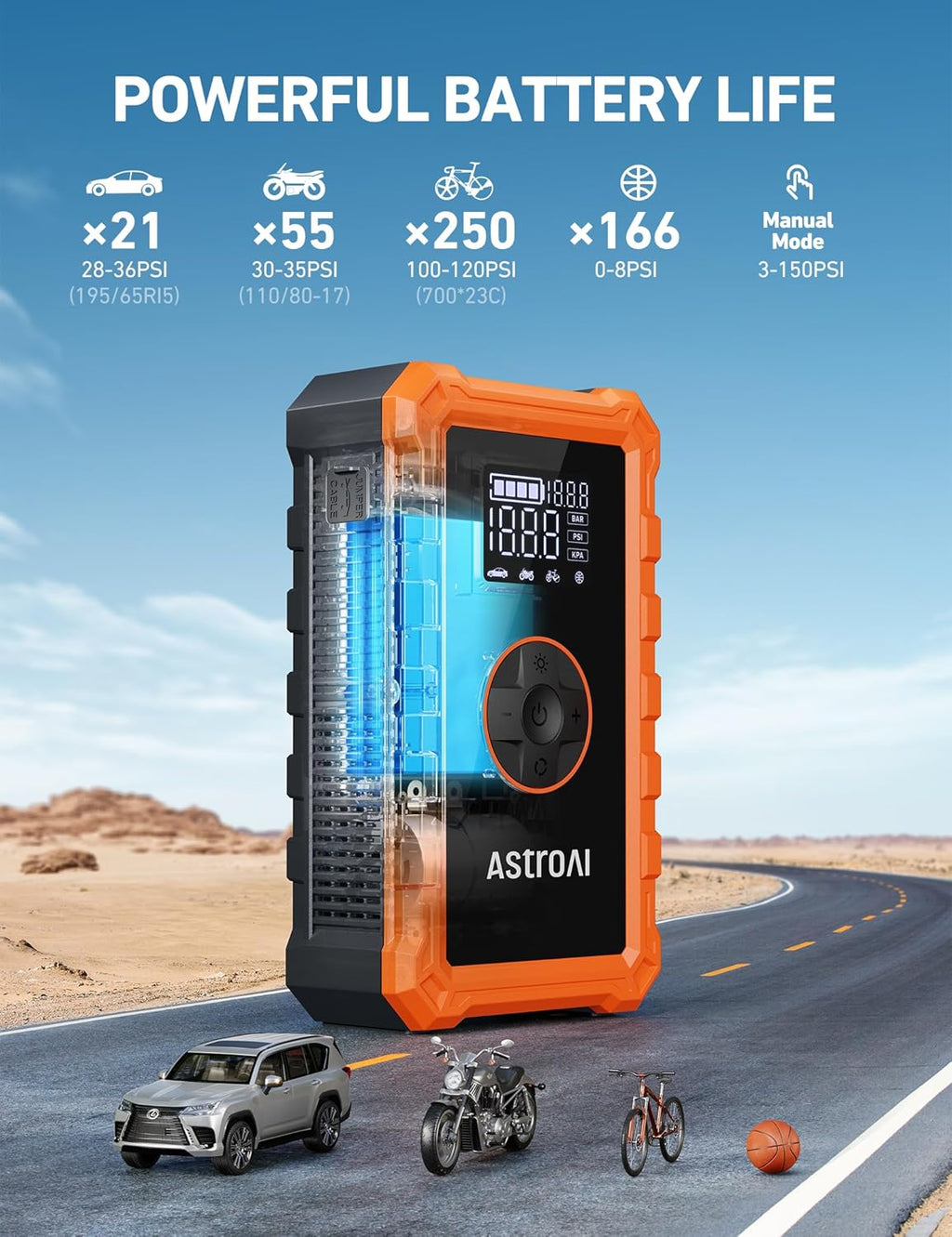 S8 Air Jump Starter with Air Compressor, 3000A Peak Car Battery Jump Starter Portable (9.0 Gas/6.5L Diesel) with