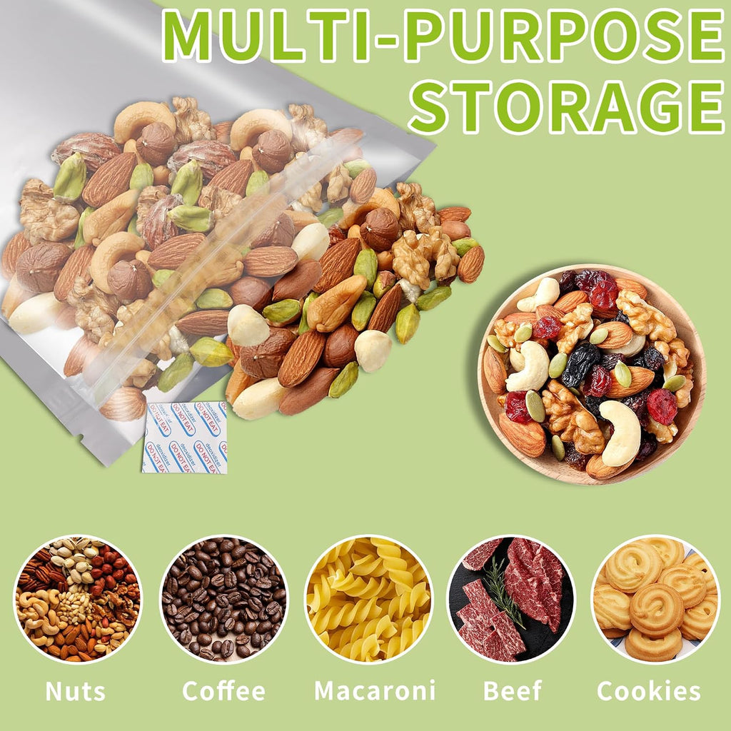 Mylar Bags for Food Storage, Heat Sealable with Oxygen Absorbers 1 Gallon | 50 Pack Reusable Mylar Bags With 400Cc
