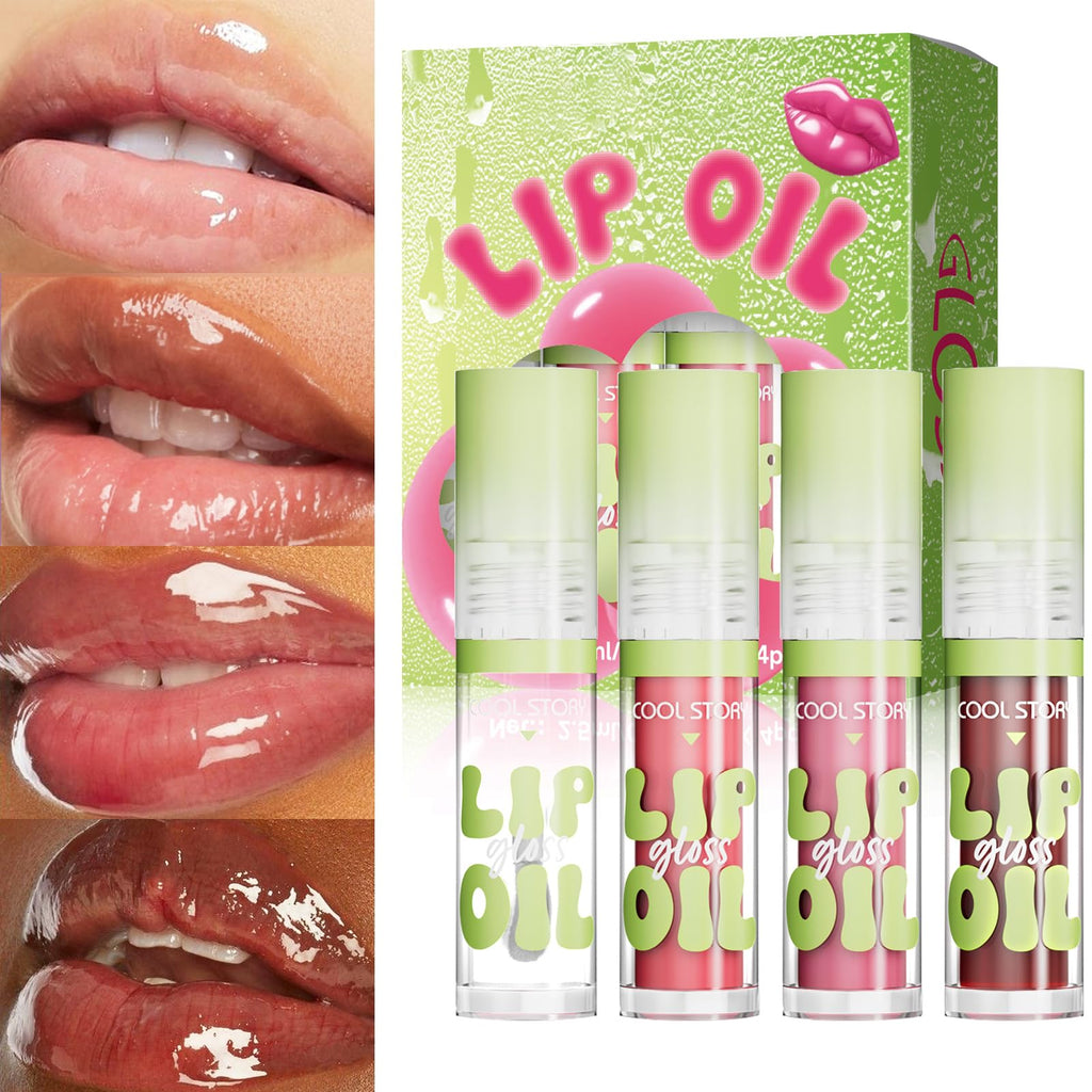 4 Pack Hydrating Glow Lip Oil Set, Moisturizing Lip Gloss, LIGHT