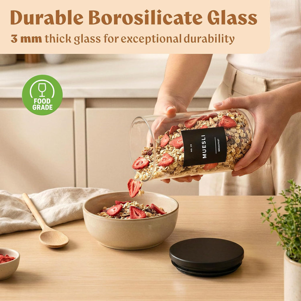 Glass Storage Containers with Black Lids [Extra Thick Glas] with 54 Labels - Canister For Pantry Noodles Flour Cereal