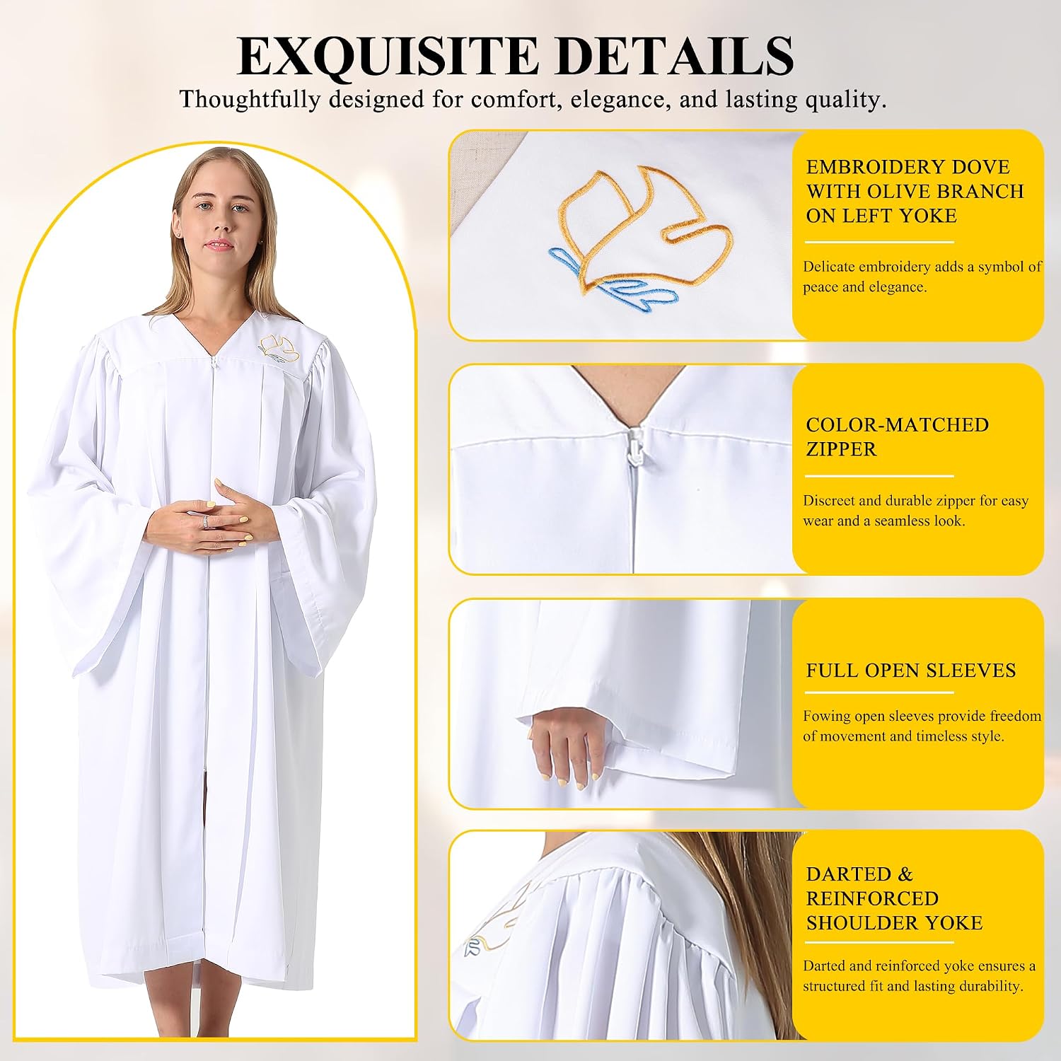 Baptism Robes with Weighted Hem Adults Water Baptismal Gown with Embroidered Dove for Church Officiant White