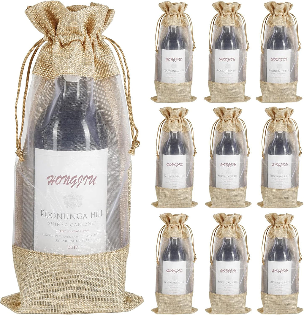 Wine Gift Bags, 10pcs Drawstring Bottle Bags with Sheer Window