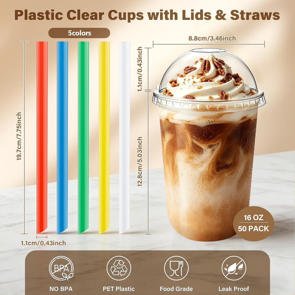 50Pack 16oz Plastic Boba Cups with Dome Lids and Colorful Straws