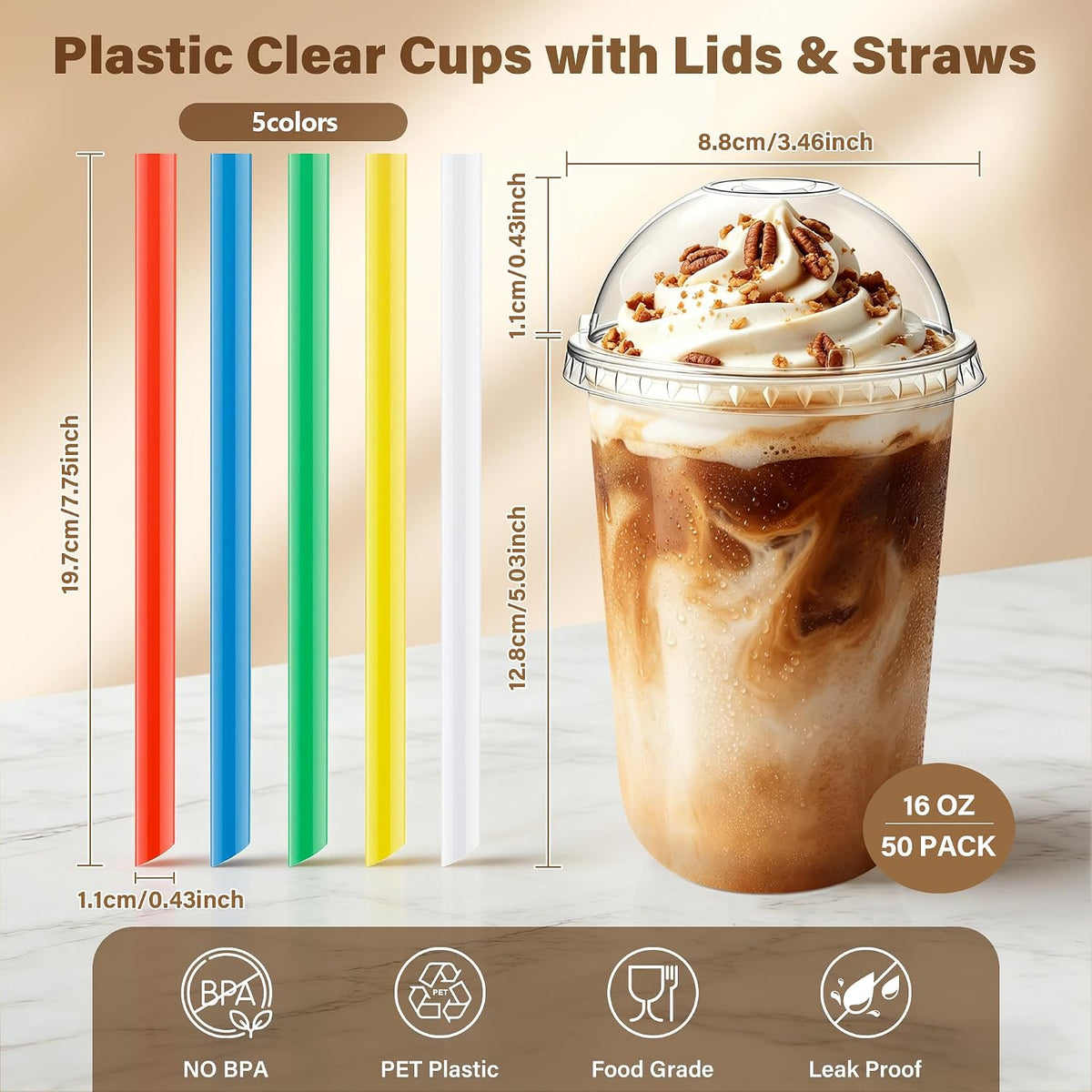50Pack 16oz Plastic Boba Cups with Dome Lids and Colorful Straws