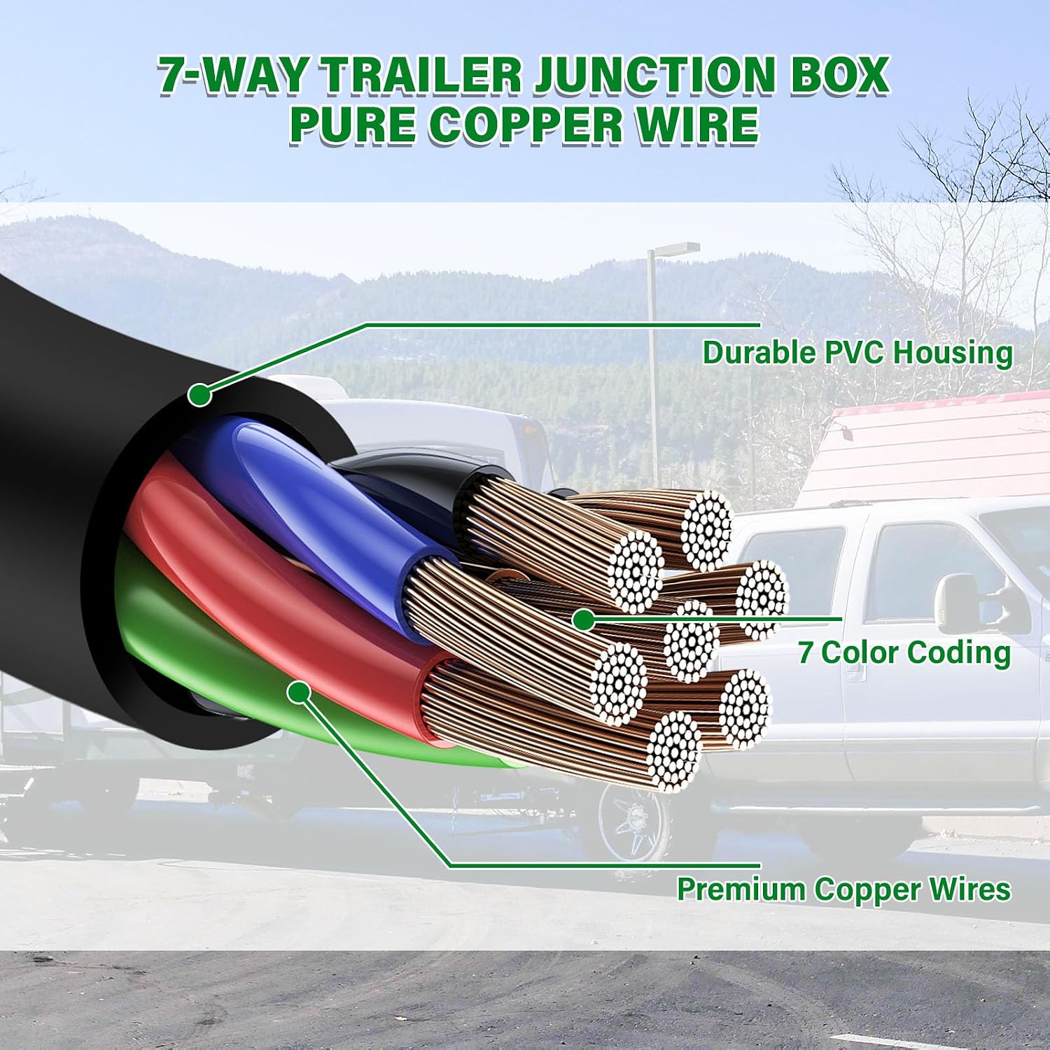 6 FT 7 Pin Trailer Wiring Harness with 7 Gang 7 Pin Trailer Junction Box Pure Copper 7 Way Plug Extension, Heavy Duty
