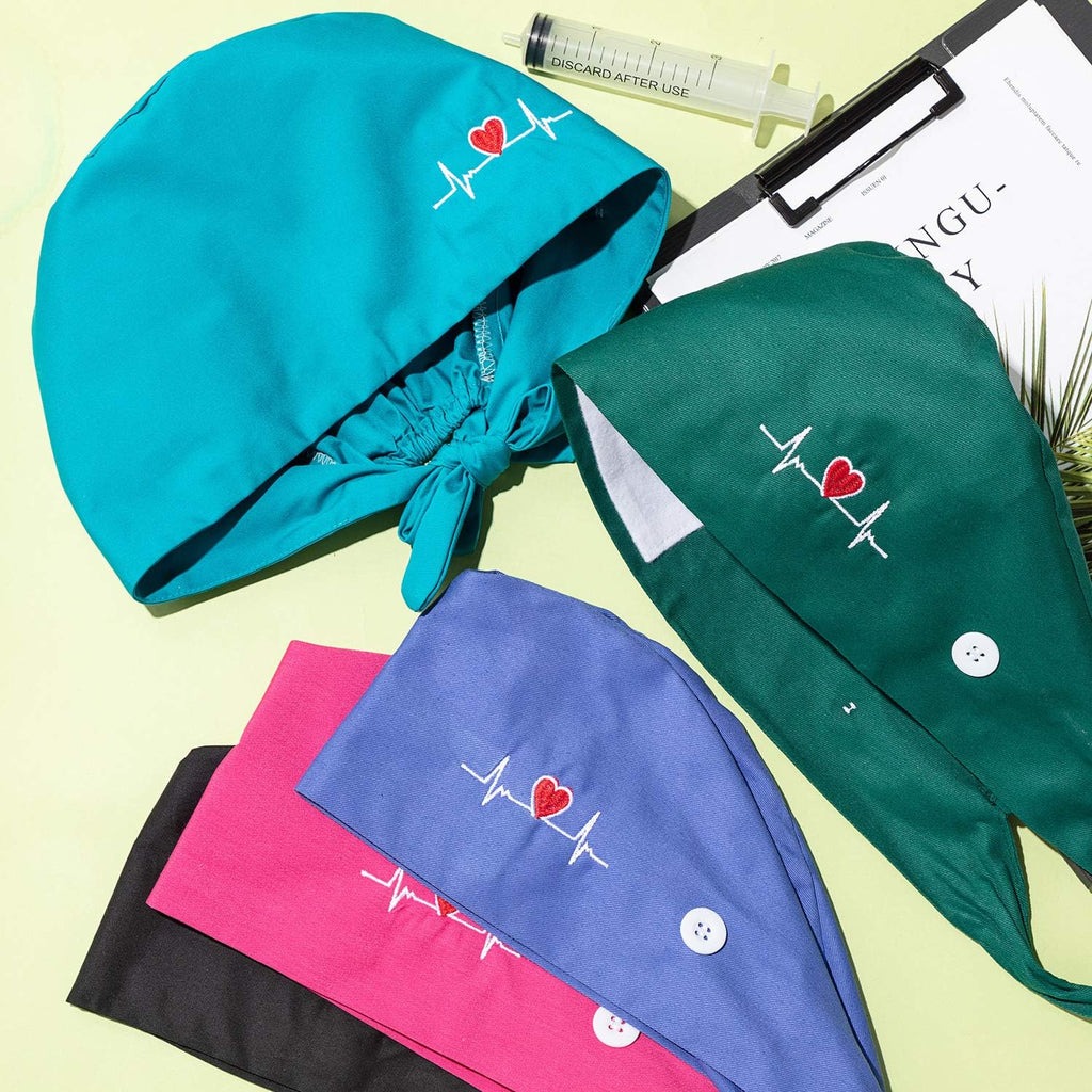 5 Pieces Bouffant Cap with Buttons Unisex Sweatband Adjustable Tie Back Hat