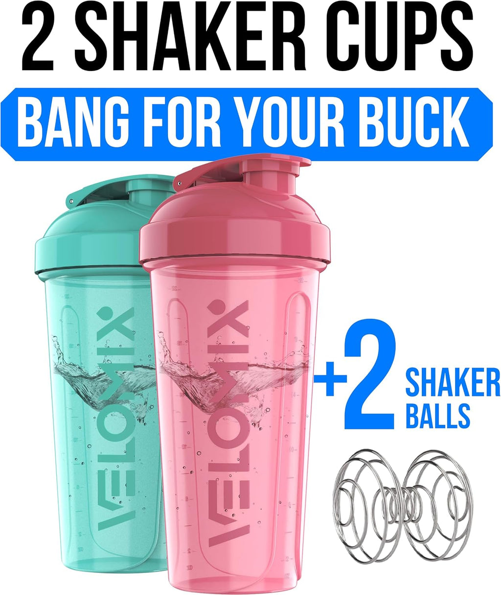 2 Pack 28oz Protein Shaker Bottle for Protein Mixes, Pink/Turquoise | 2x Wire Whisk, Leak Proof Shaker Cups for