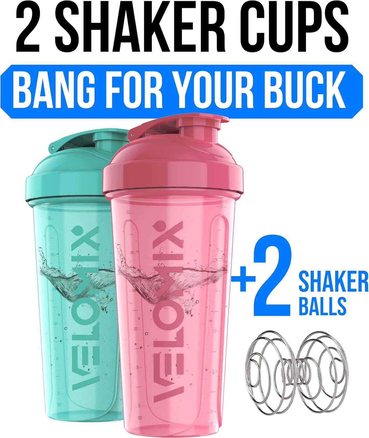 2 Pack 28oz Protein Shaker Bottle for Protein Mixes, Pink/Turquoise | 2x Wire Whisk, Leak Proof Shaker Cups for