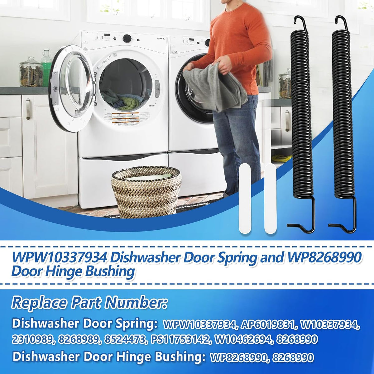 WPW10337934 Dishwasher Door Spring with WP8268990 Door Hinge Bushing 2Pcs