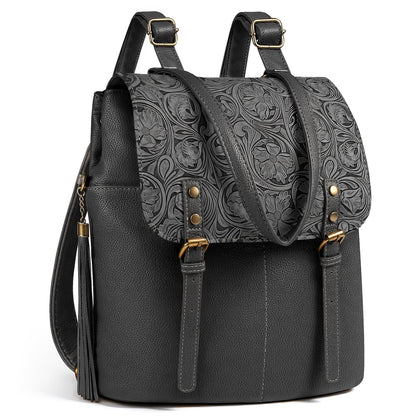 Leather Backpack Purse for Women, Vintage Paisley Black