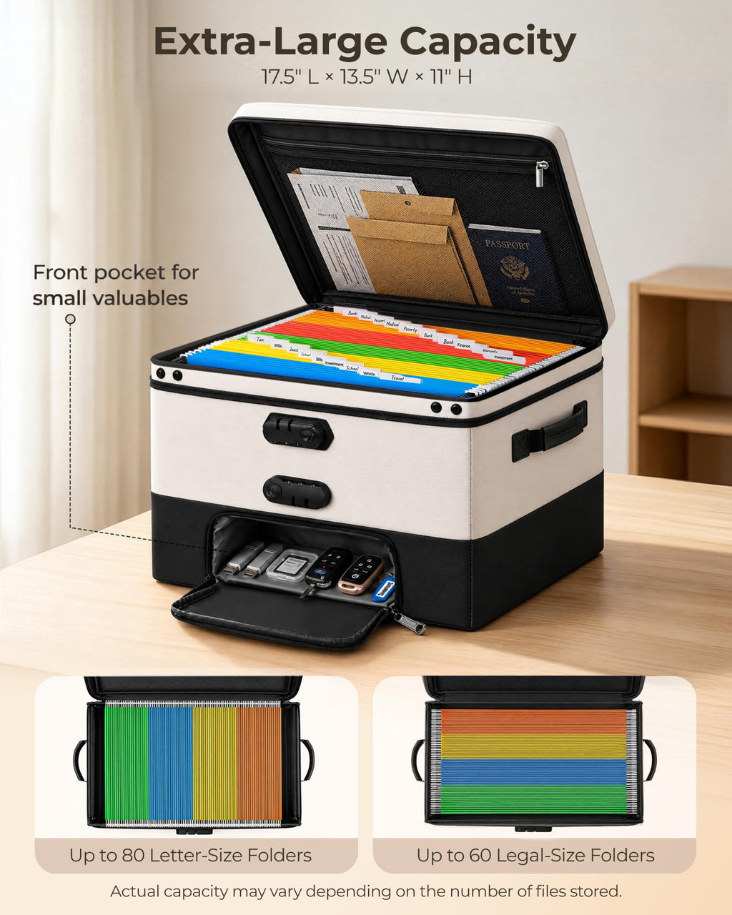 Black Fireproof Document Box with 2 Locks, 10 Hanging File Folders