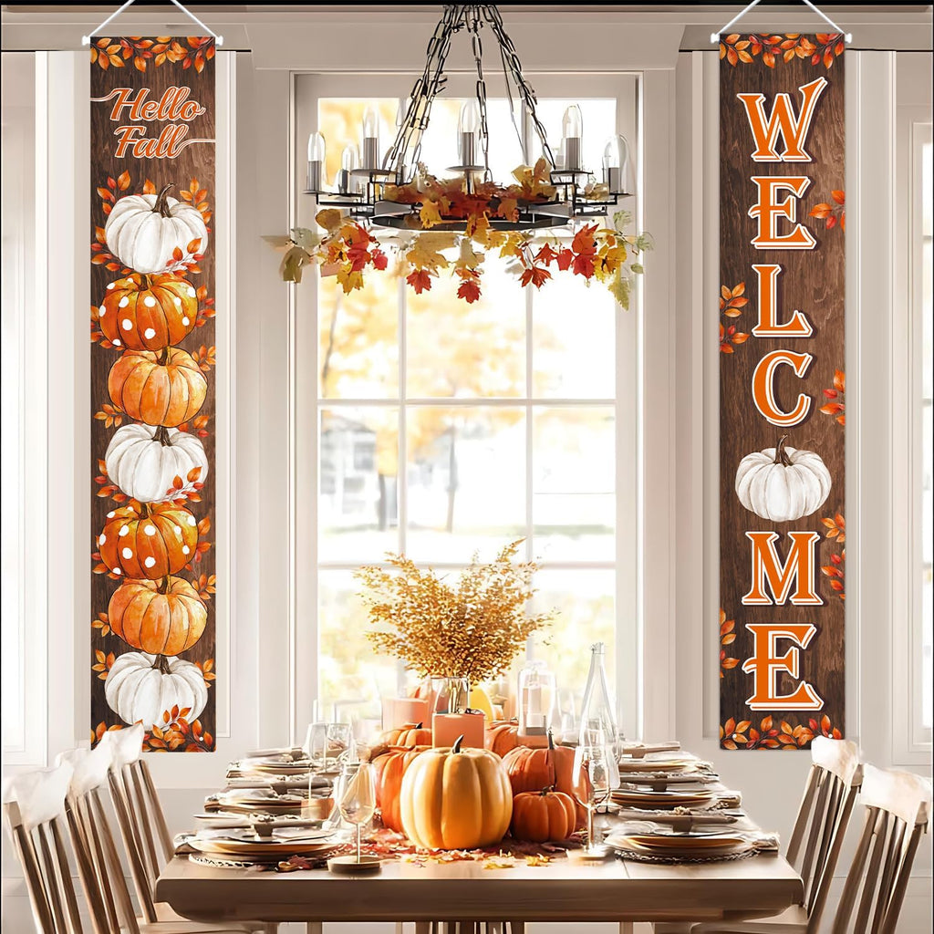 Fall Pumpkin Porch Banner Autumn Thanksgiving Door Decorations | Welcome & Hello Fall Sign Door Decorations Wooden