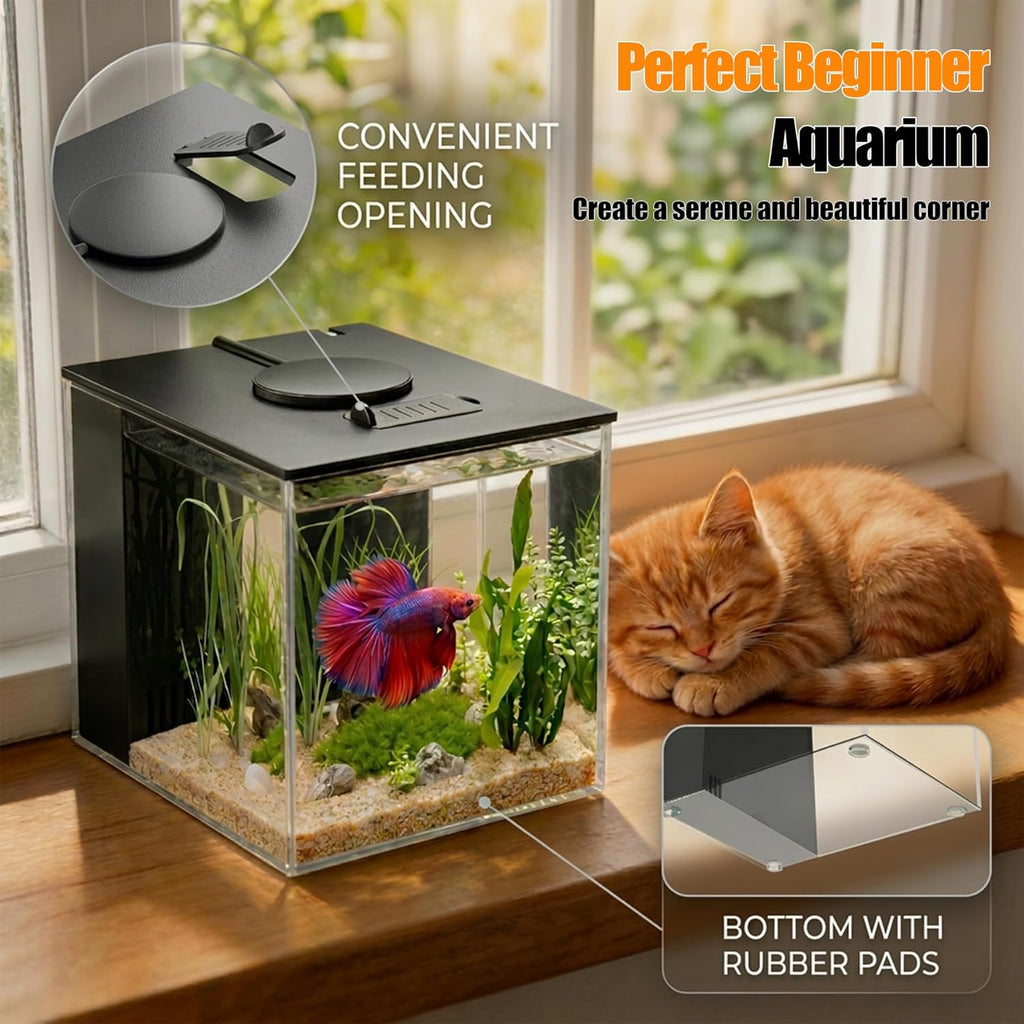 Betta Fish Tank 1 Gal (3.7L), Acrylic Nano Aquarium Kit Black