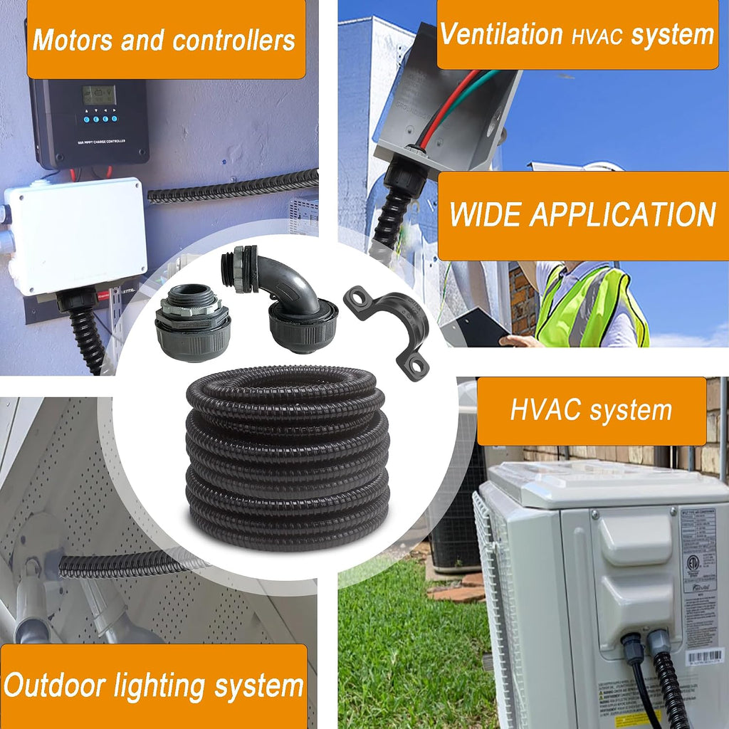 (1/2" Dia * 50 Feet) Yariwiz Black Special Extra Flexible Electrical Conduit Liquid Tight PVC Conduit Kit with 5 PCS