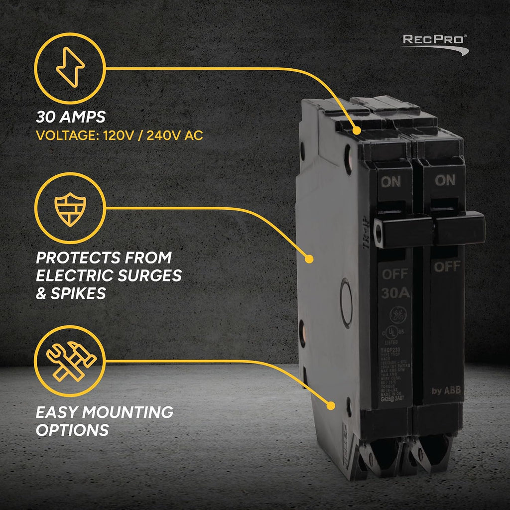 RecPro 2 Pole 30 Amp Circuit Breaker for RV, GE Equivalent