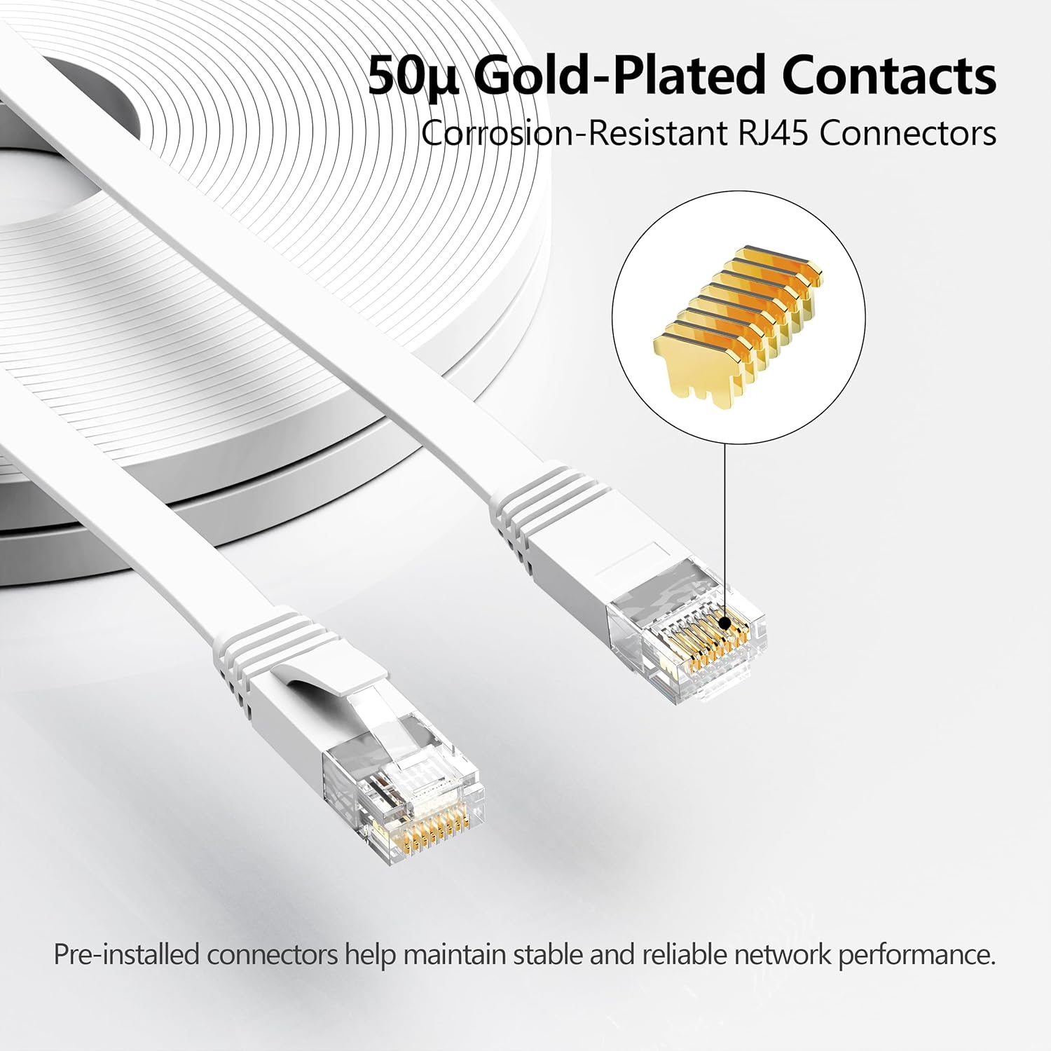 Cat6 Ethernet Cable 50FT with Clips 10Gbps Flat Network Cable, White | 1FT 3FT 5FT 10FT 15FT 20FT 25FT 30FT 35FT 60FT