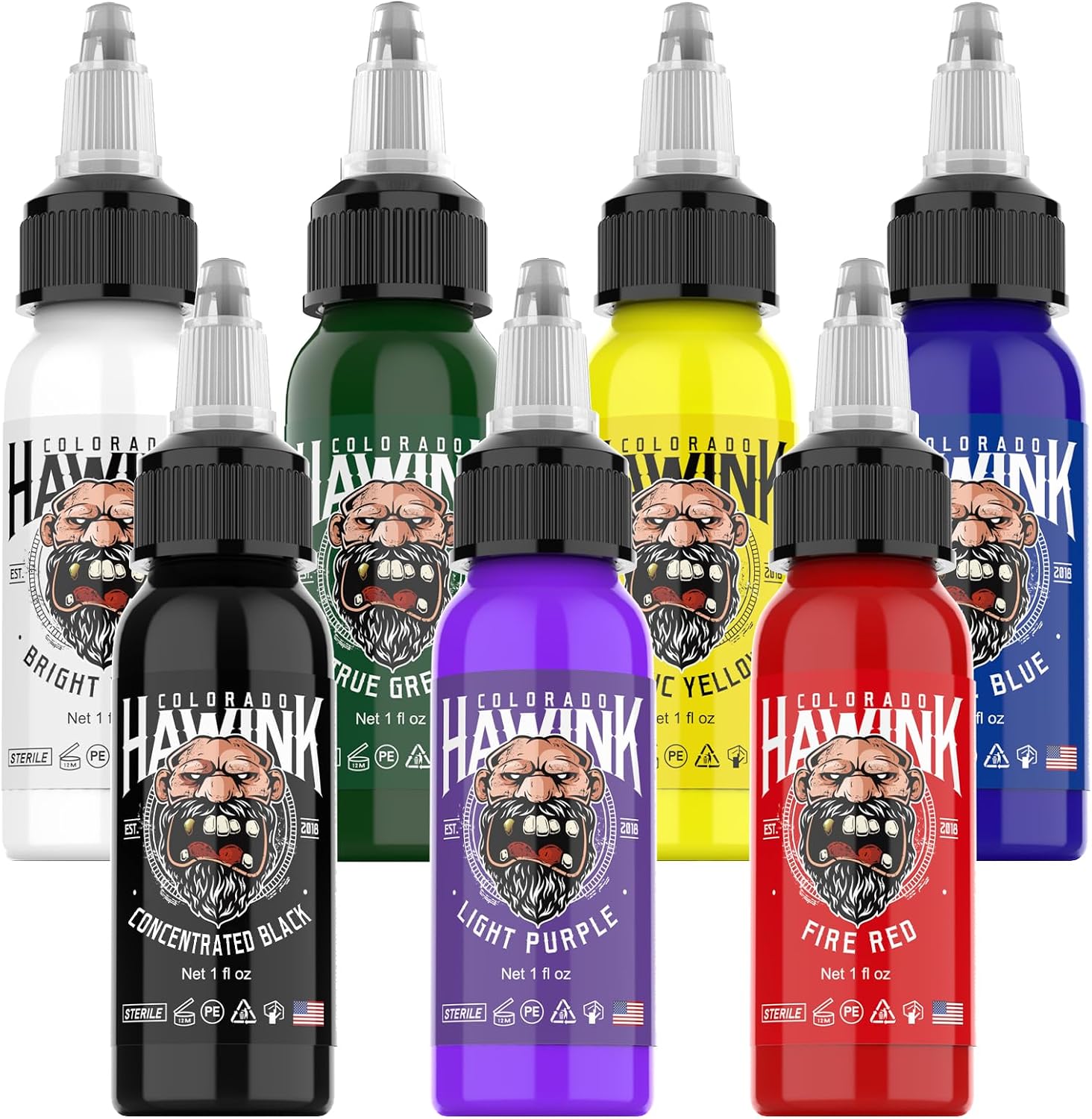 Tattoo Ink - 7 Color 1oz(30ml) Vegan-Friendly USA Standard Pigment Ink Professional Use, Organic, Vegan, Bold