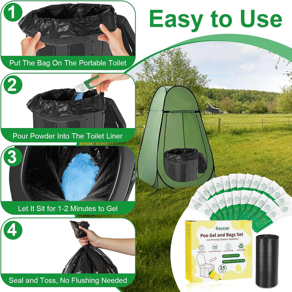 25 Poo Gel and 25 Portable Toilet Bags Set, 8 Gal Biodegradable Waste Bags | Lemon Scent Portable Camping Toilet Bag