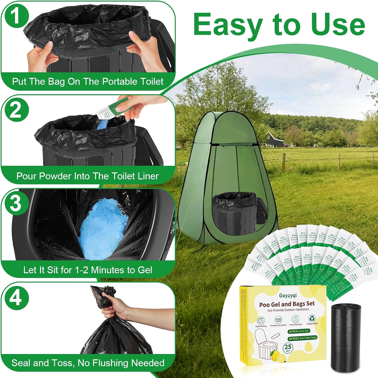 25 Poo Gel and 25 Portable Toilet Bags Set, 8 Gal Biodegradable Waste Bags | Lemon Scent Portable Camping Toilet Bag