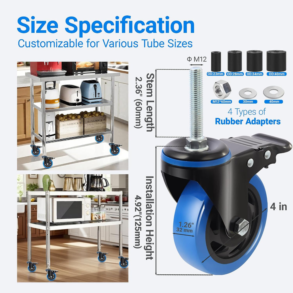 4 Inch Prep Table Cater Wheels Set of 4, Threaded Swivel Expanding Stem Casters with Brake Fit 7/8", 1", 1-1/2", or