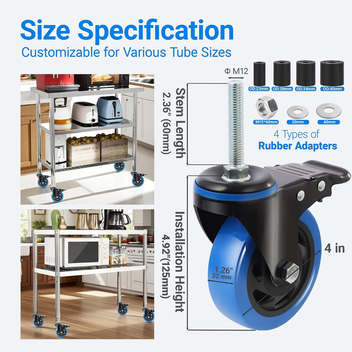 4 Inch Prep Table Cater Wheels Set of 4, Threaded Swivel Expanding Stem Casters with Brake Fit 7/8", 1", 1-1/2", or