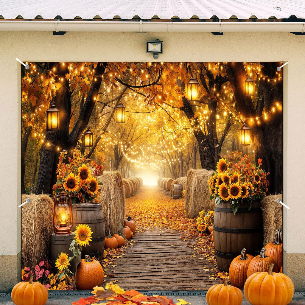 Fall Photo Garage Door Cover Decorations, Autumn Forest Scenery Maple Leaves Pumpkins Sunflowers Farm Harvest