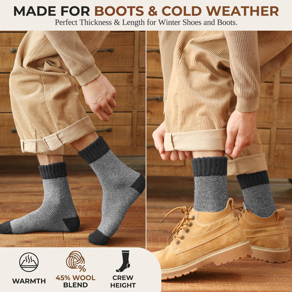 5 Pairs Wool Socks for Men Warm Thick Thermal Winter Boot Socks