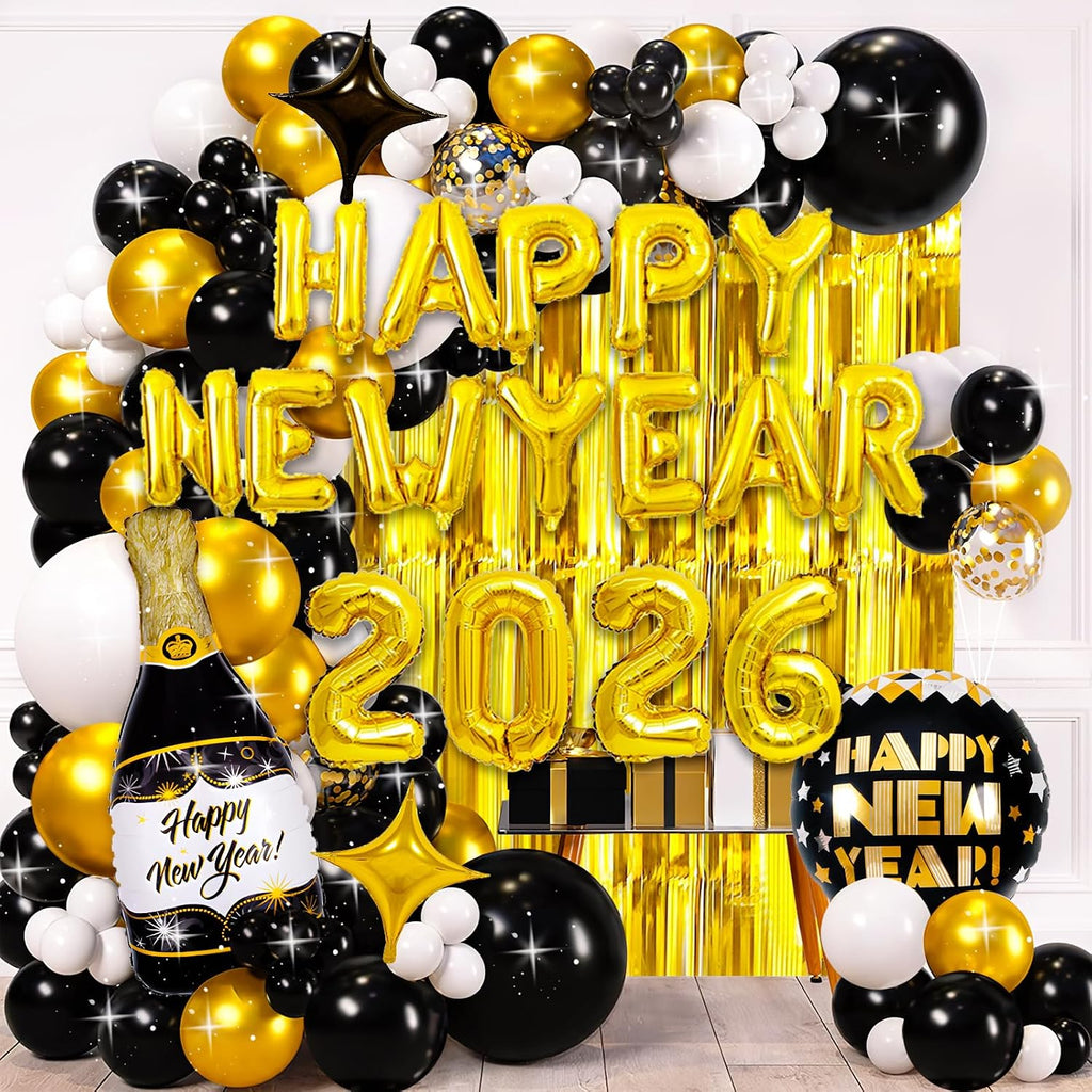 2026 New Years Eve Party Supplies Set, New Year Decorations 2026, Gold Black Party Balloons Supplies Happy New Years