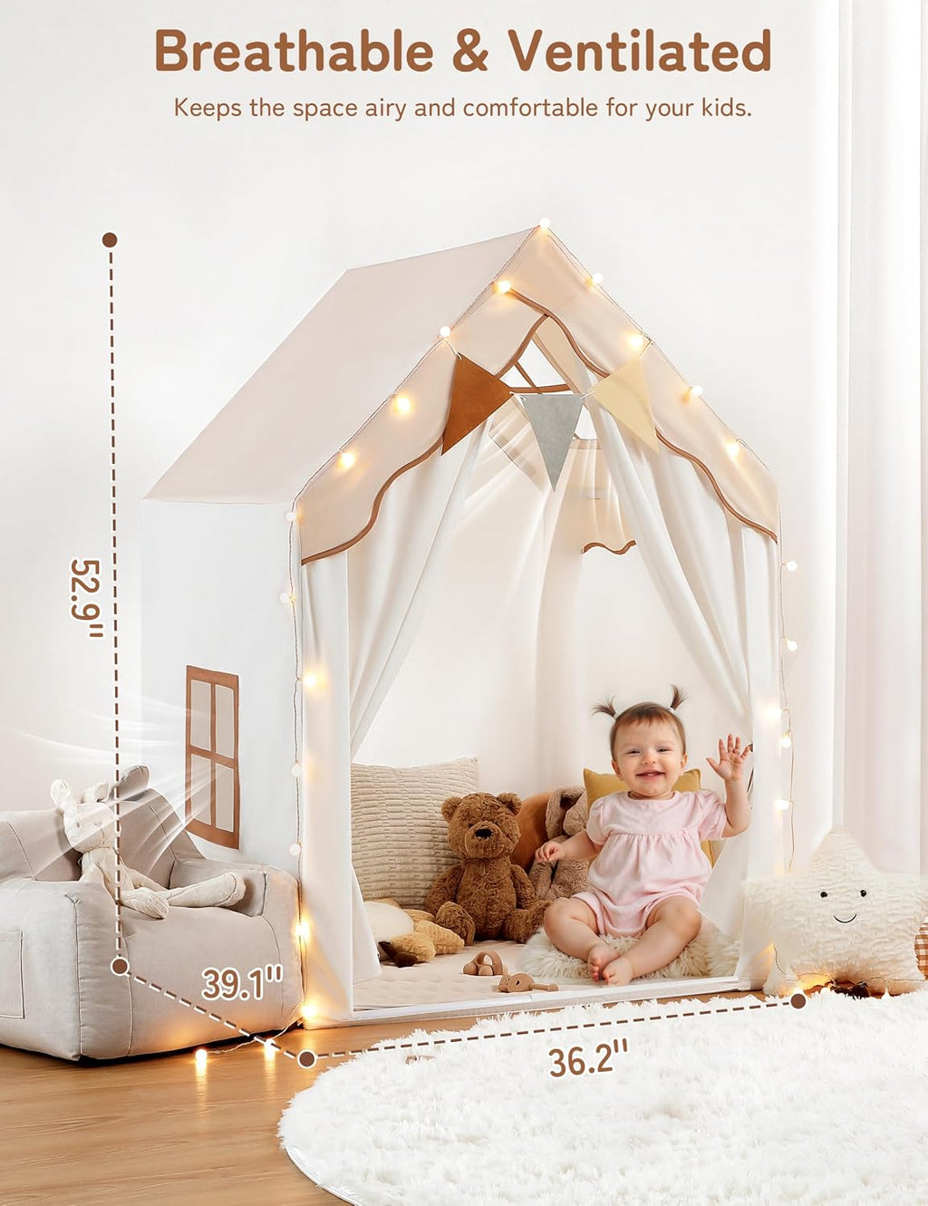 Kids Play Tent with Enclosure, Toddler Tent 2 in 1 with Padded Mat and Lights, Large Playhouse for Kids, Indoor &