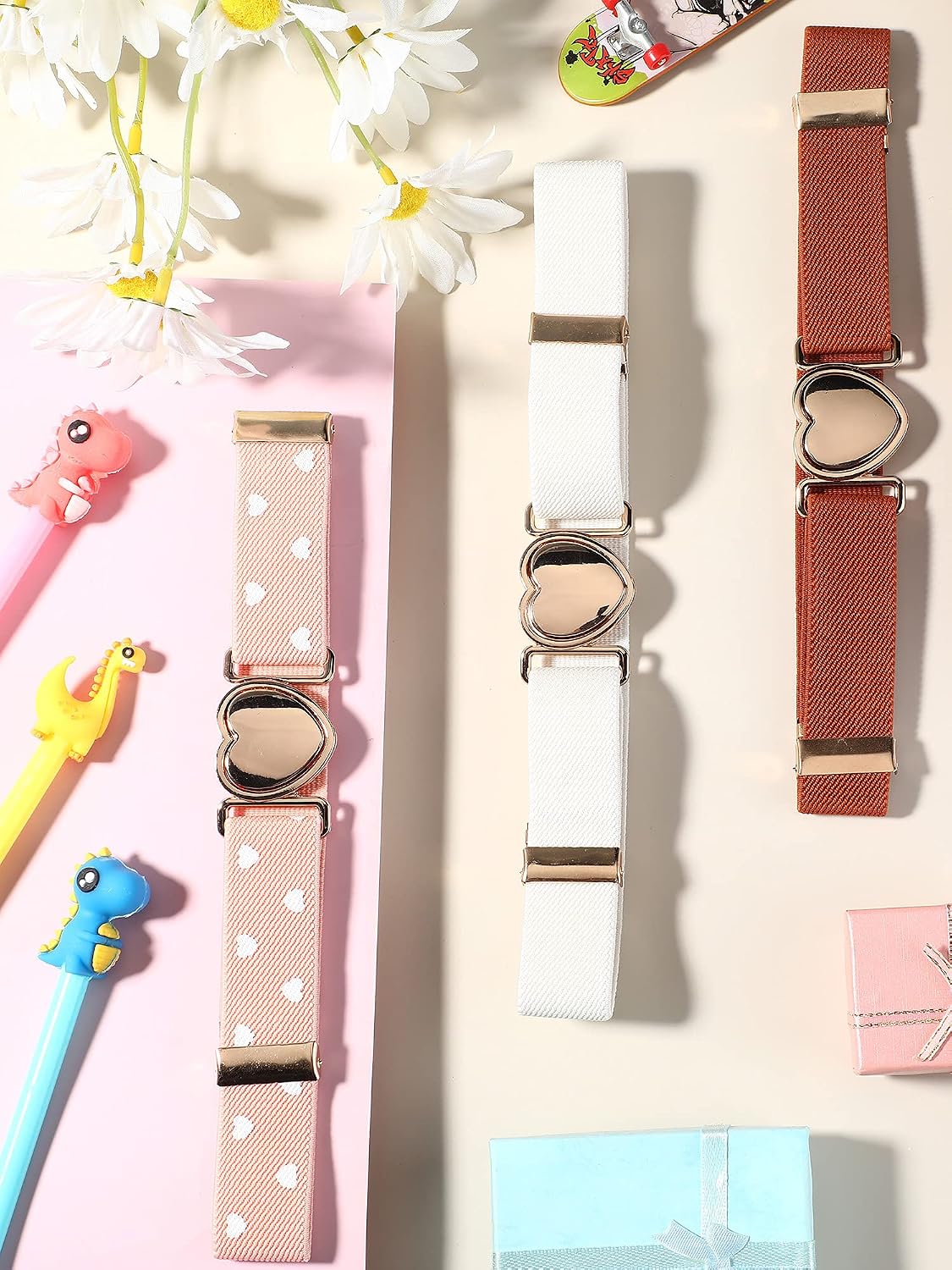 3 Pieces Girl Belts Kids Toddler Belt Elastic Stretch Adjustable Heart for Girls (Pink, White, Brown), approx.1 inch/