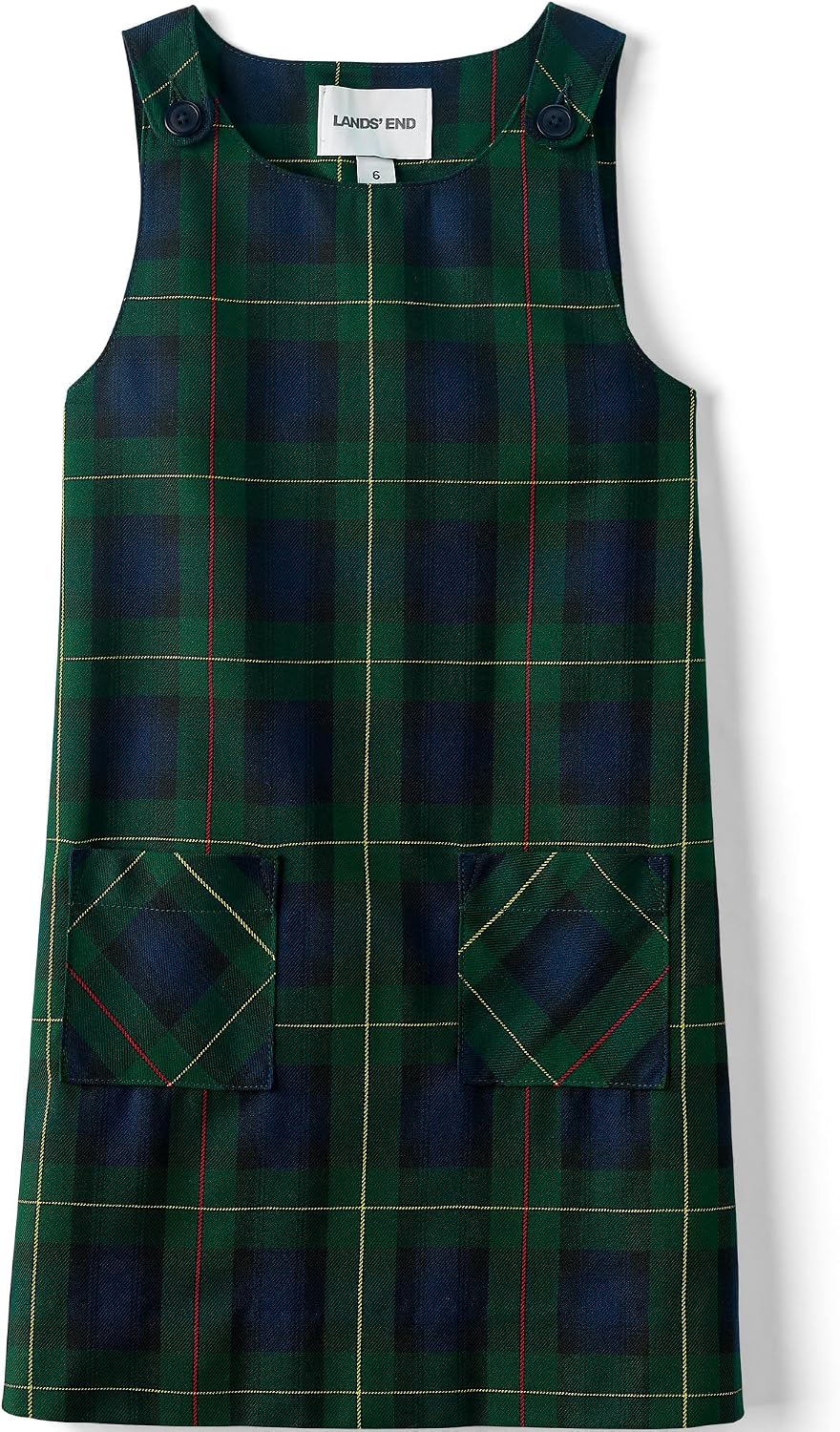 Girls Plaid Button Shoulder Patch Pocket Jumper 3 Hunter/Classic Navy Plaid