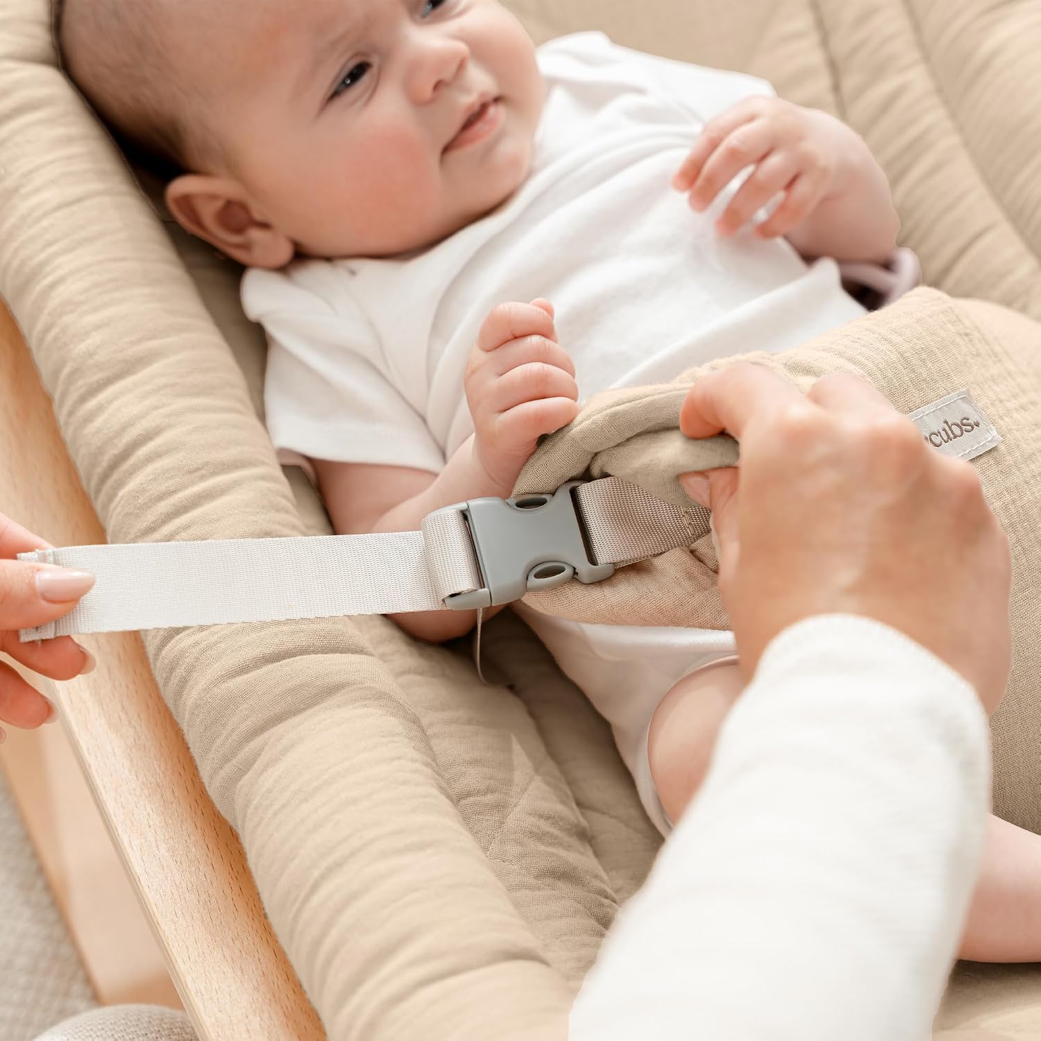 Baby Rocker for Ages 0-24 Months - Wooden Baby Recliner with Soft Removable Quilted Muslin Cotton Cushion - Designed
