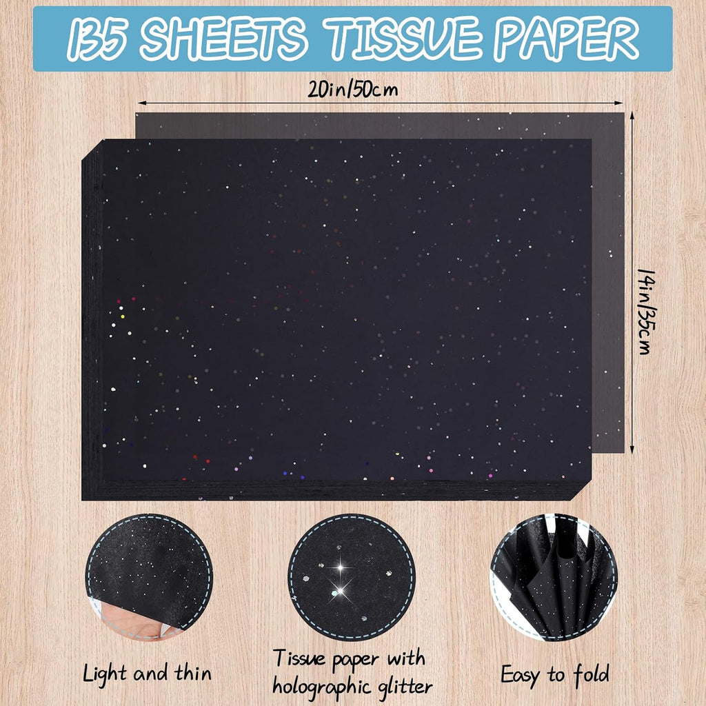 135 Sheets Black Tissue Paper for Gift Bags 20 x 14 Inch Glitter