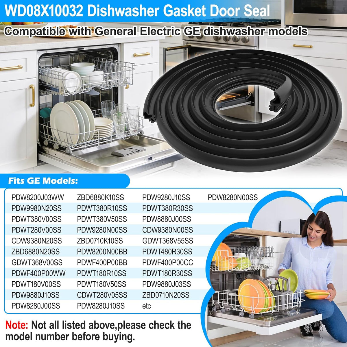 UPGRADED WD08X10032 Dishwasher Gasket Door Seal Compatible with GE Dishwasher Parts WD08X10032 ZBD6880K10SS GDWT368V55SS PD00023200 AP369876 1088454 General Electric GE Dishwasher Tub Gasket Door Seal