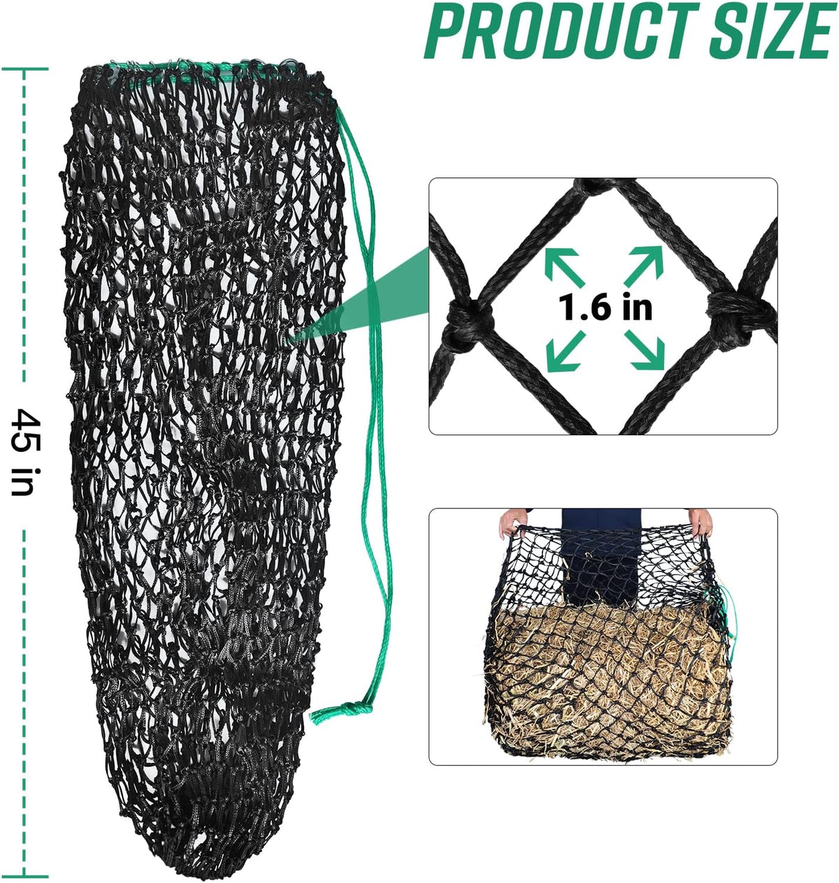 Slow Feed Hay Net, Square Bale PE Horse Hay Net with Drawstring