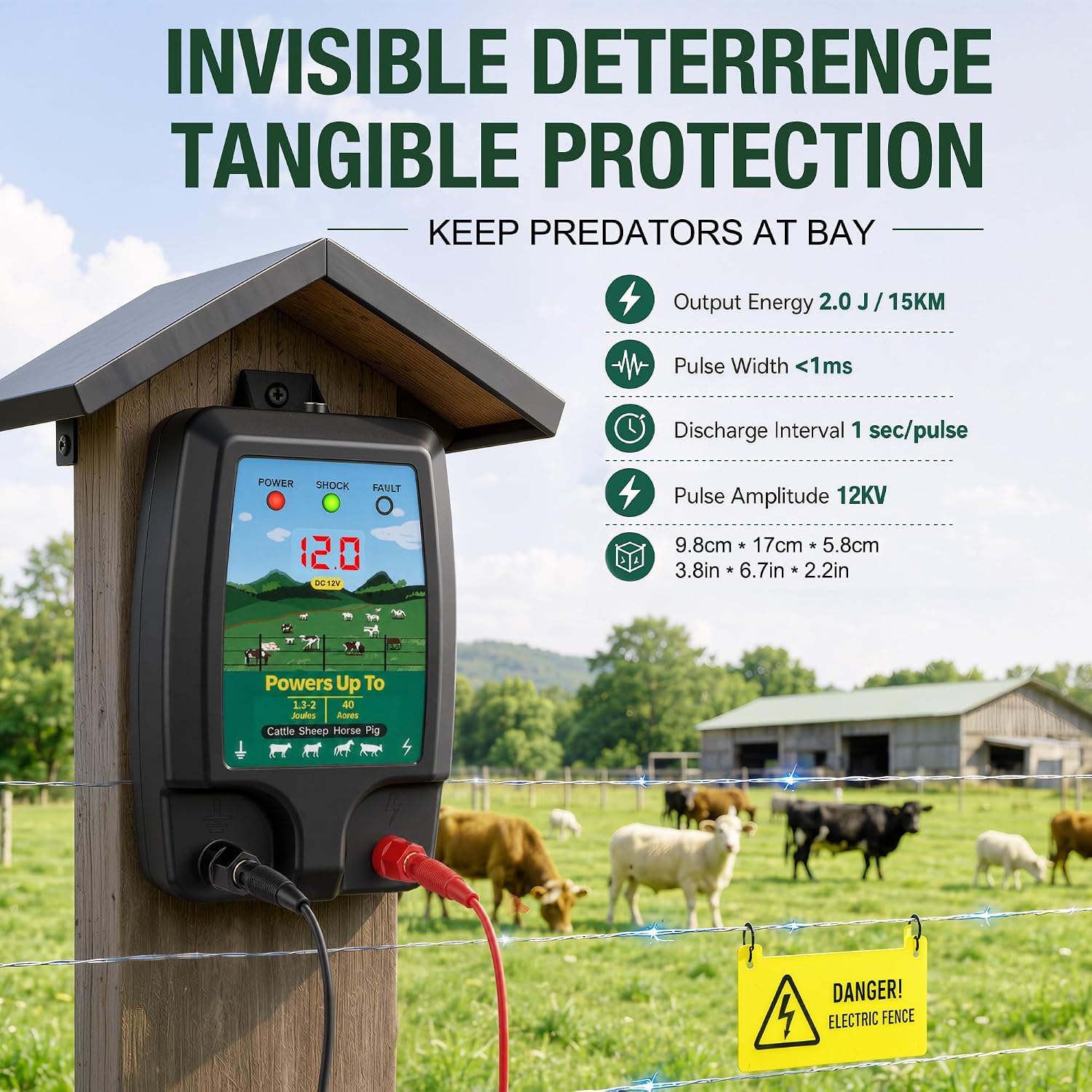 Electric Fence Charger 15 Miles, 12KV Pulse Charger AC/DC Solar Compatible, Heavy Duty Livestock 2J Fence Charger for
