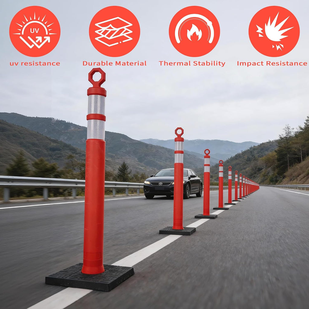 42" Heavy-Duty Traffic Delineator Posts (3 Pack) – Tall Safety Cones with 360° Reflective Collars & Weighted Base for