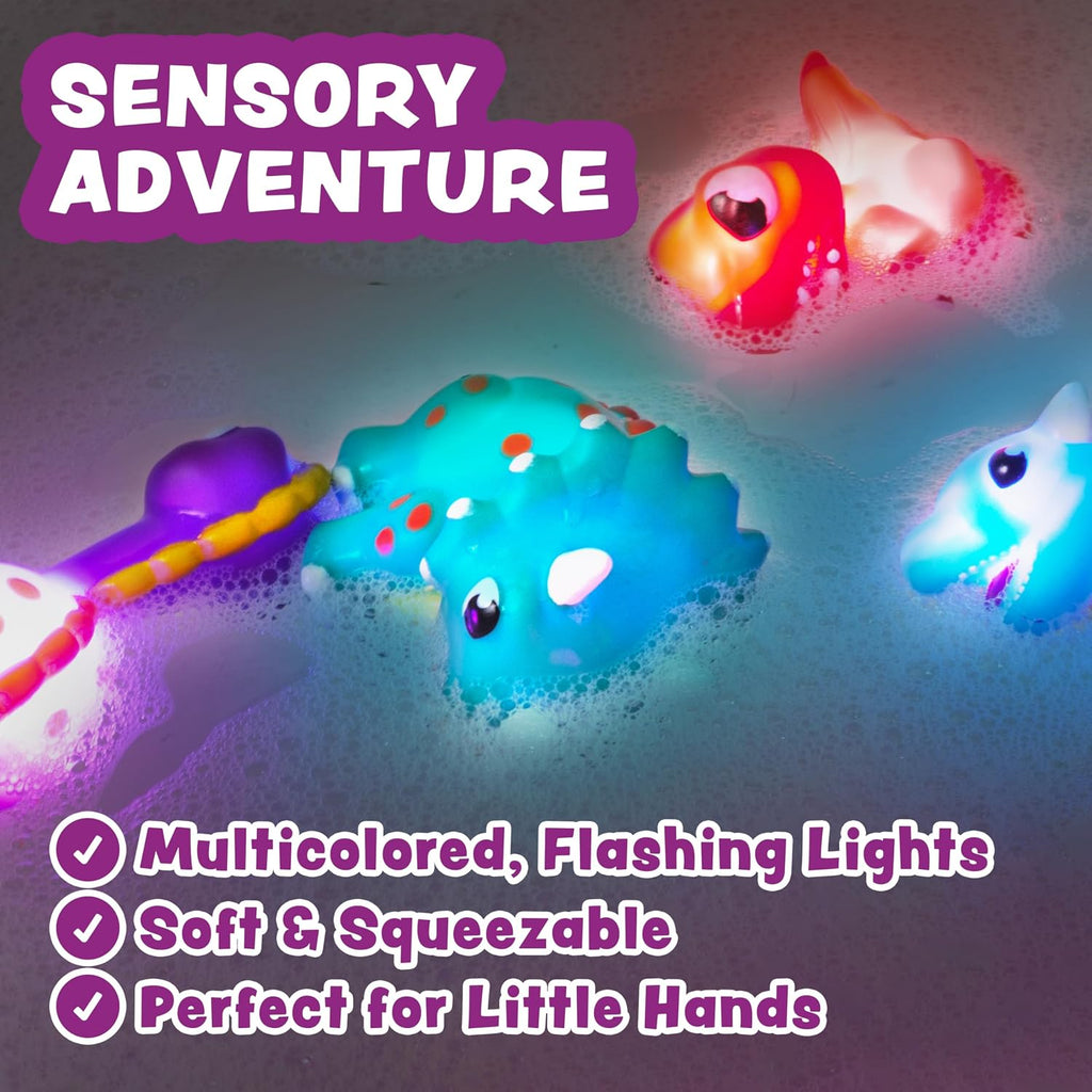 Dinos Dinosaur Light Up Bath Toys, 6 Pack | Water-Activated Light Up Toys Flash & Change Color | Easy-Grip Baby &