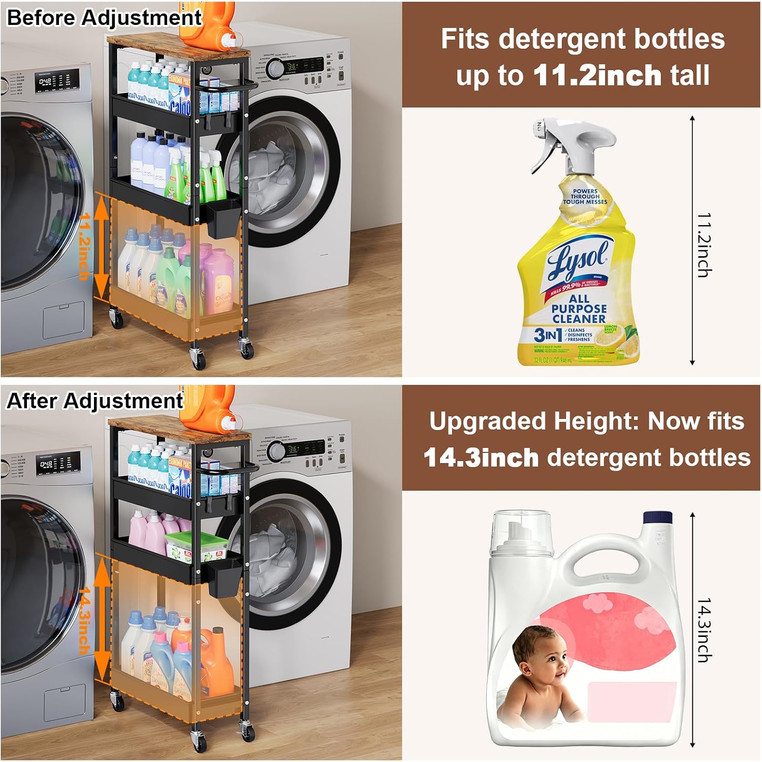 4 Tier Slim Rolling Storage Cart, Metal Narrow Kitchen Cabinet with Wheels, Laundry Room Organization and Storage