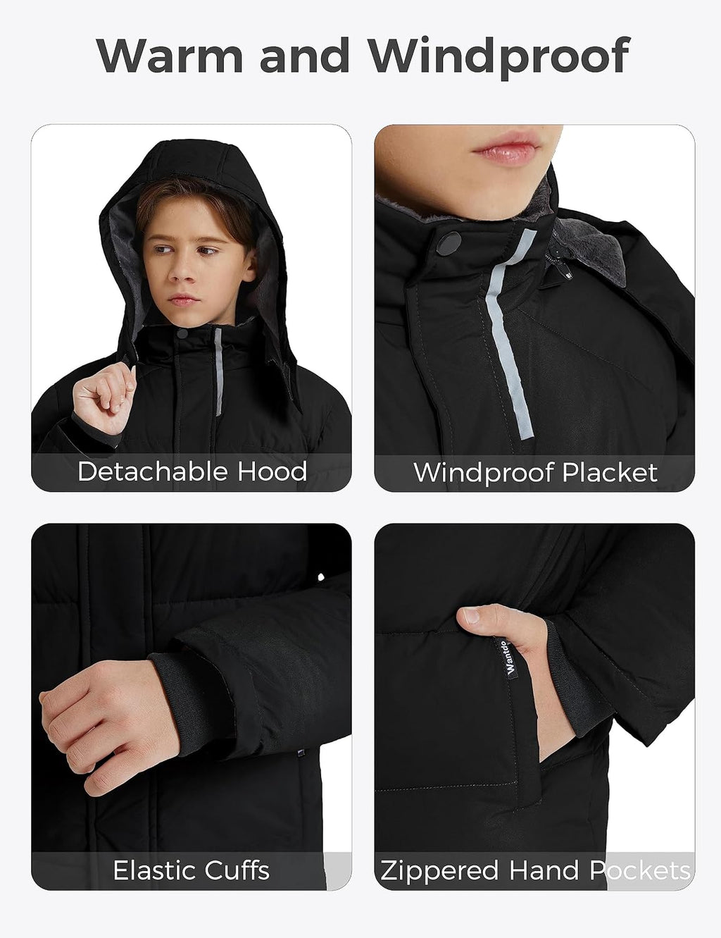 Boys Puffy Winter Coats Fleece-Lined Snow Jackets Removable Hood | Elastic Cuffs, Hook-and-Loop Collar, Windproof
