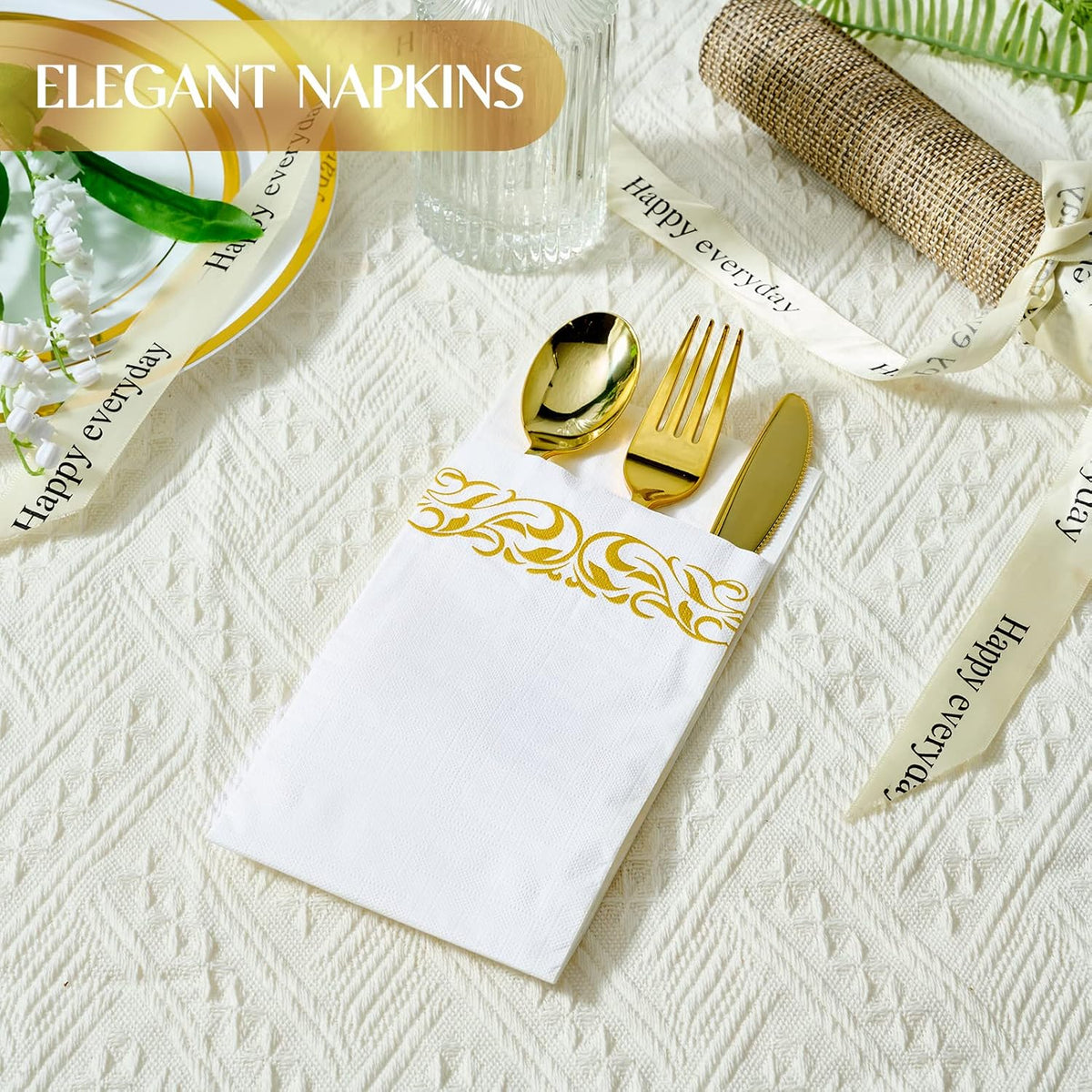 200 Pack Paper Napkins, Soft Disposable Dinner Napkins, 3 Ply, Gold