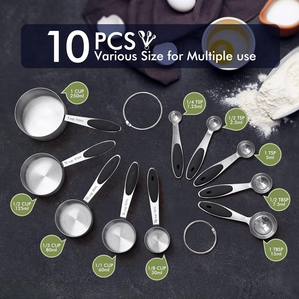 10-PACK Measuring Cups and Spoons Set, Kitchen Gadagets Cooking Baking,Heavy Duty & Dishwasher Safe for Dry and