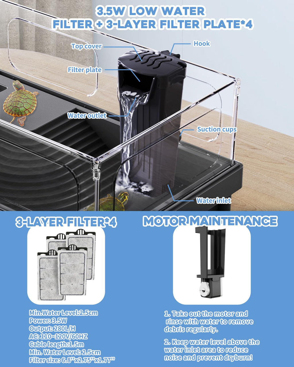 Small Turtle Tank Kit, Acrylic Turtle Tank Starter Kit with Basking Platform, Bottom Drainage, Multi-Function Areas