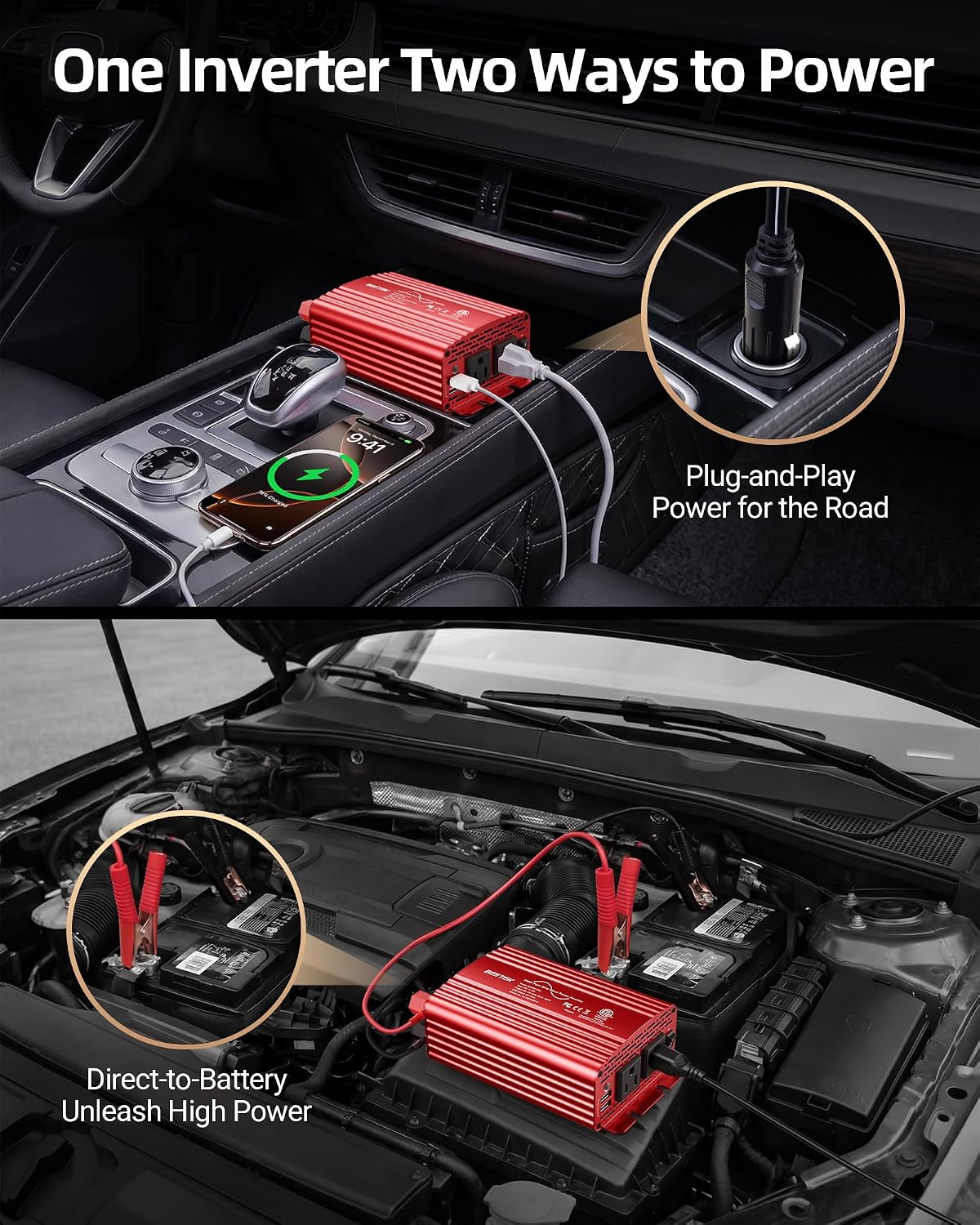 300W Pure Sine Wave Power Inverter - DC 12V to AC 110V Car Converter | 4.8A Dual USB Charging Ports and 2 AC Outlets