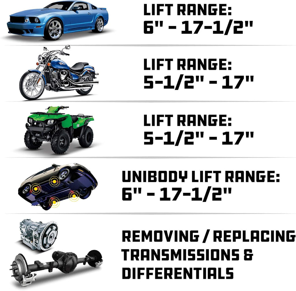 2 Ton Triple Lift Floor Jack, Lifts Cars, Trucks, Motorcycles, ATV's, Transmissions, Tie-Down Loops, Locking Safety
