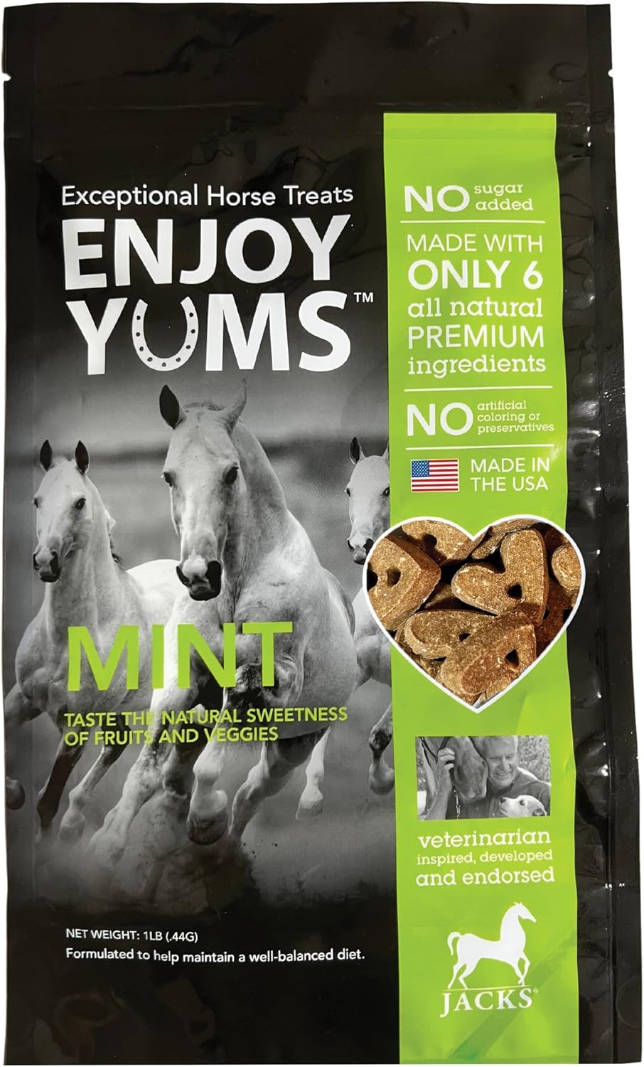Mint Horse Treats – 1 lb Bag – All-Natural, Low Sugar, Heart-Shaped Baked Biscuits – Peppermint & Honey Flavor –