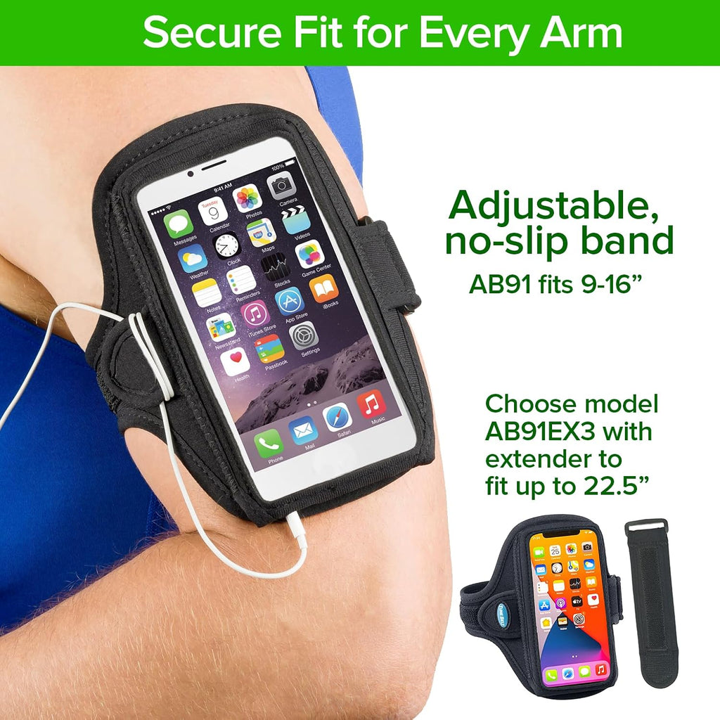 AB91 Running Armband + Extender – No-Slip Holder for Large Phone | Fits iPhone 17/16/15/14/13/12 & Pro and XL Biceps