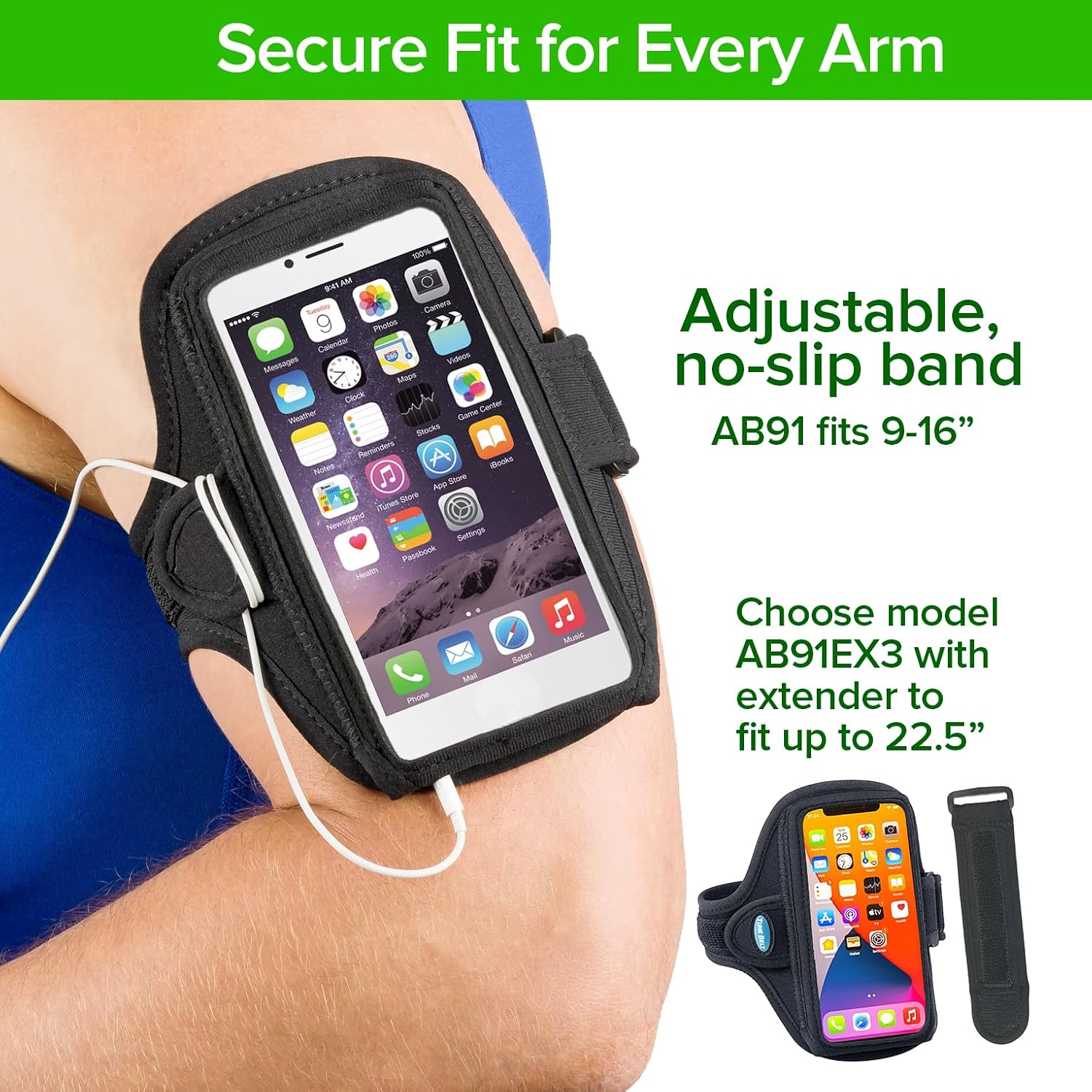 AB91 Running Armband – Flexible, No-Slip Holder for Large Phones | iPhone 17/16/15/14/13/12 & Pro, Sweat-Resistant